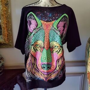 Neon Psychadelic Wolf Cozumel Mexico Puffy Paint Tshirt